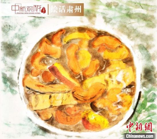 圖為酒泉美食“糊鍋”繪畫(huà)作品?！《排d彥 攝